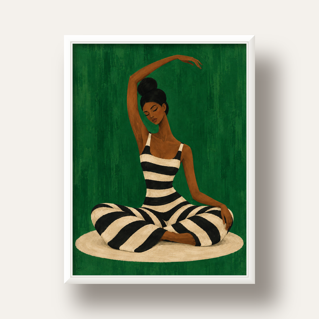 Zümrüt Yeşili Çizgili Yoga Molası Poster — beyaz derin çerçeveli