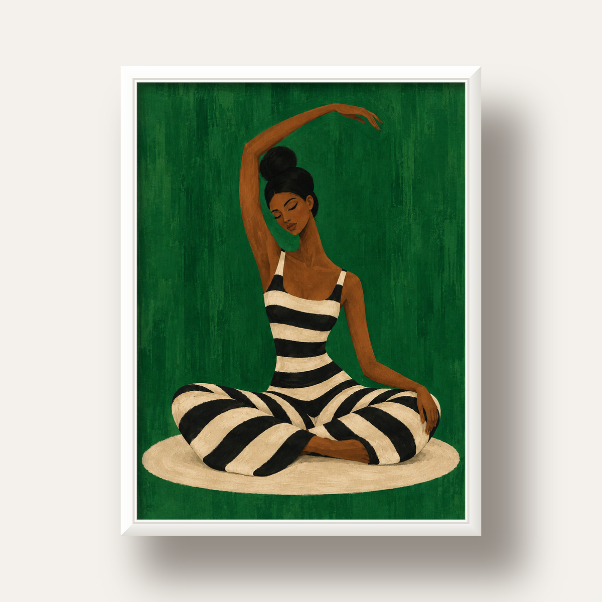 Zümrüt Yeşili Çizgili Yoga Molası Poster — beyaz derin çerçeveli