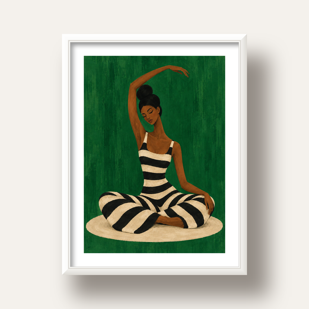 Zümrüt Yeşili Çizgili Yoga Molası Poster — beyaz derin çerçeveli paspartulu