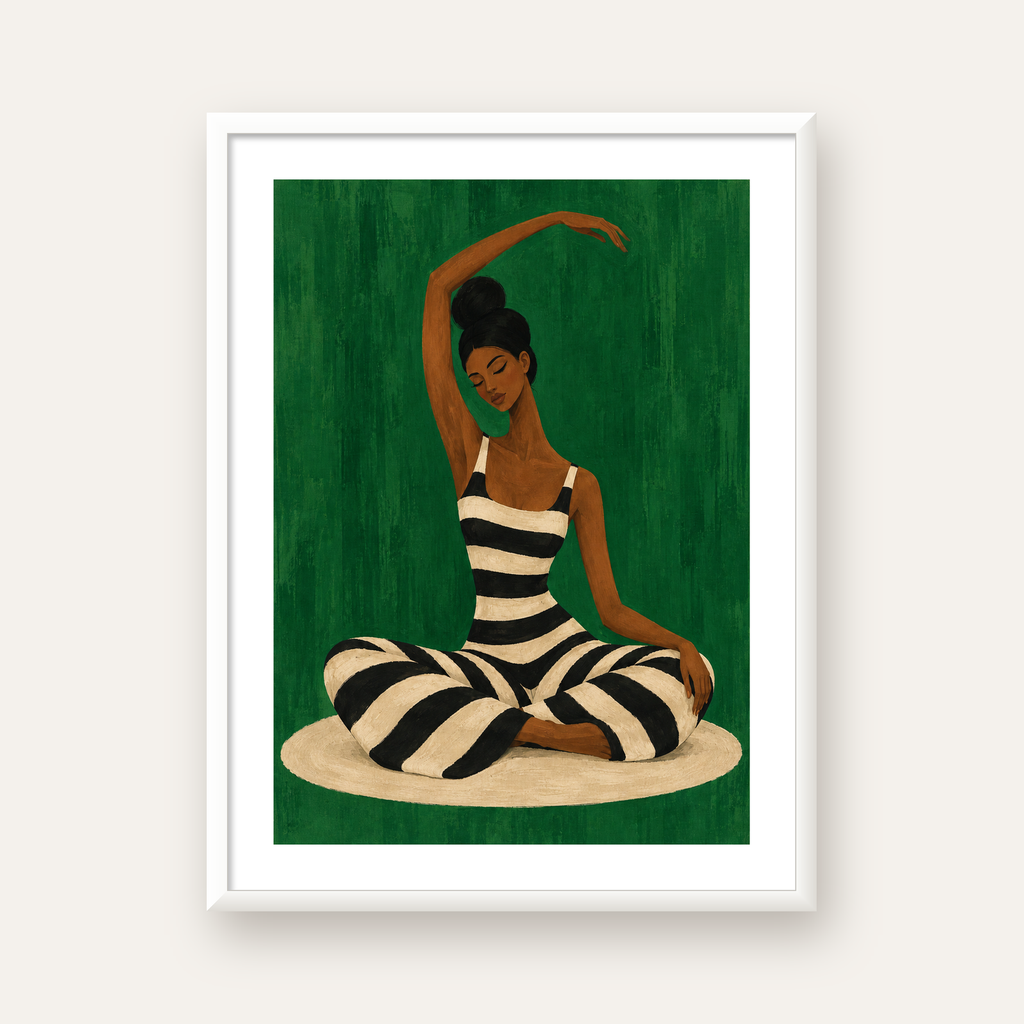 Zümrüt Yeşili Çizgili Yoga Molası Poster — beyaz çerçeveli dikey poster