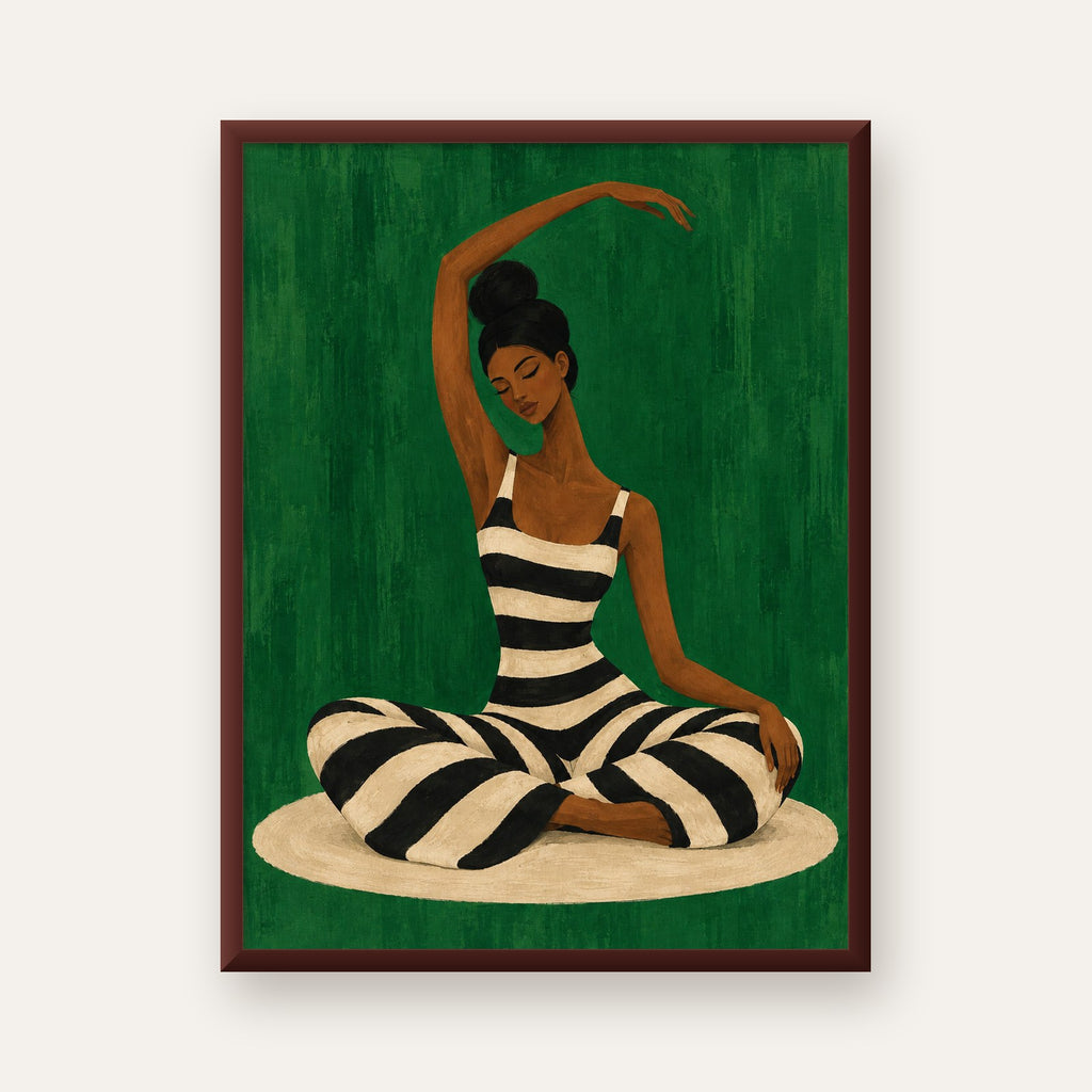 Zümrüt Yeşili Çizgili Yoga Molası Poster — ceviz çerçeveli