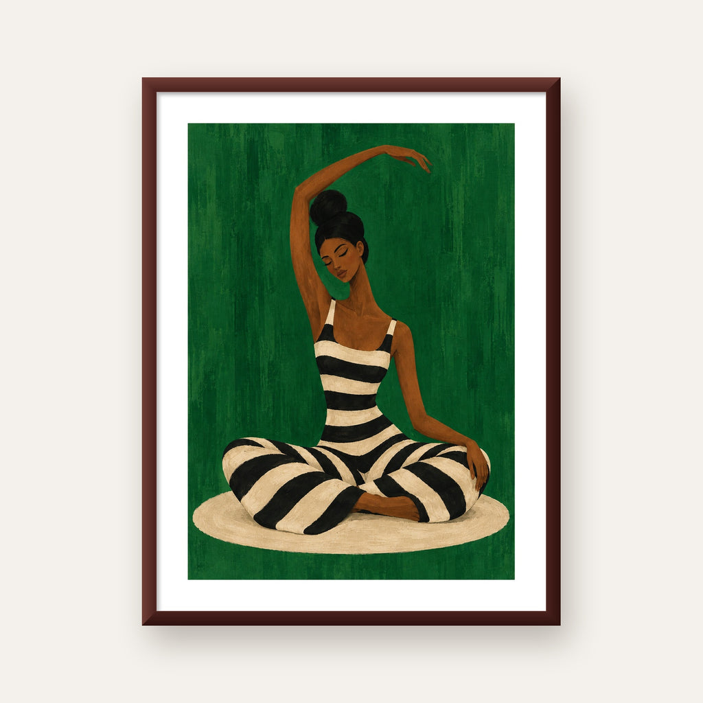 Zümrüt Yeşili Çizgili Yoga Molası Poster — ceviz çerçeveli paspartulu