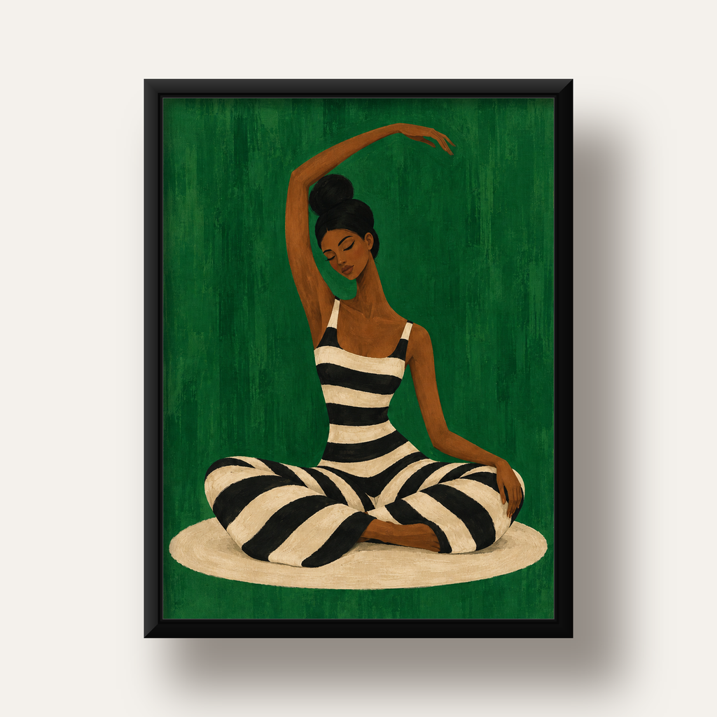 Zümrüt Yeşili Çizgili Yoga Molası Poster — siyah derin çerçeveli