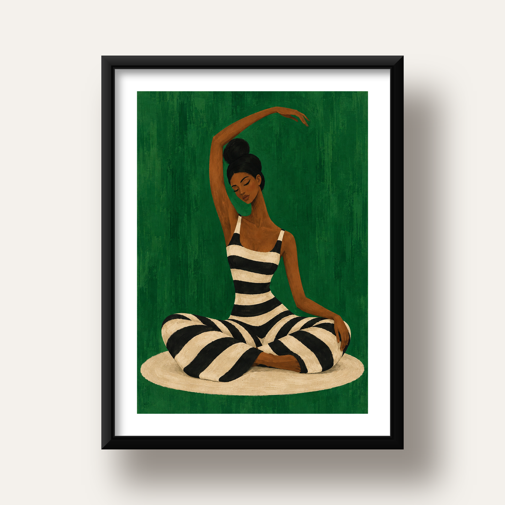 Zümrüt Yeşili Çizgili Yoga Molası Poster — siyah derin çerçeveli paspartulu