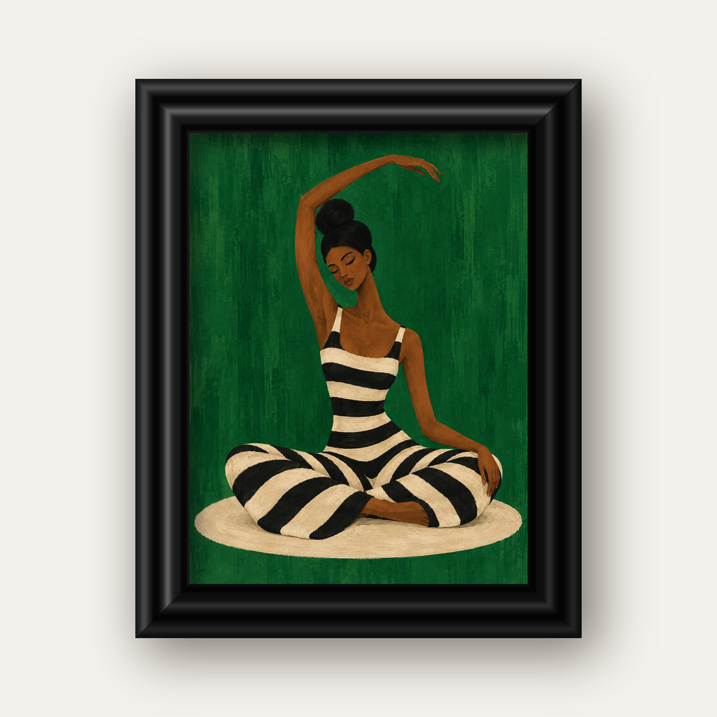 Zümrüt Yeşili Çizgili Yoga Molası Poster — siyah galeri çerçeveli