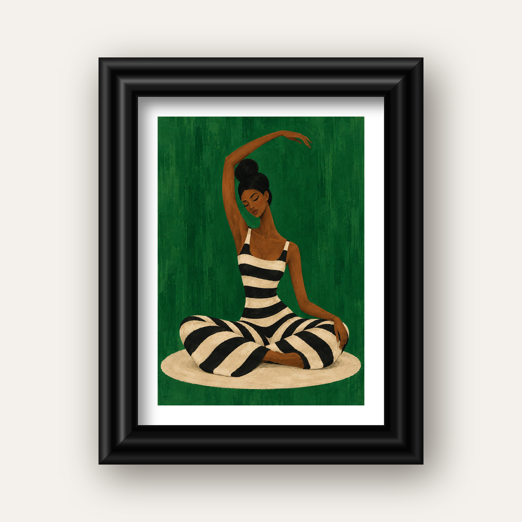 Zümrüt Yeşili Çizgili Yoga Molası Poster — siyah galeri çerçeveli paspartulu