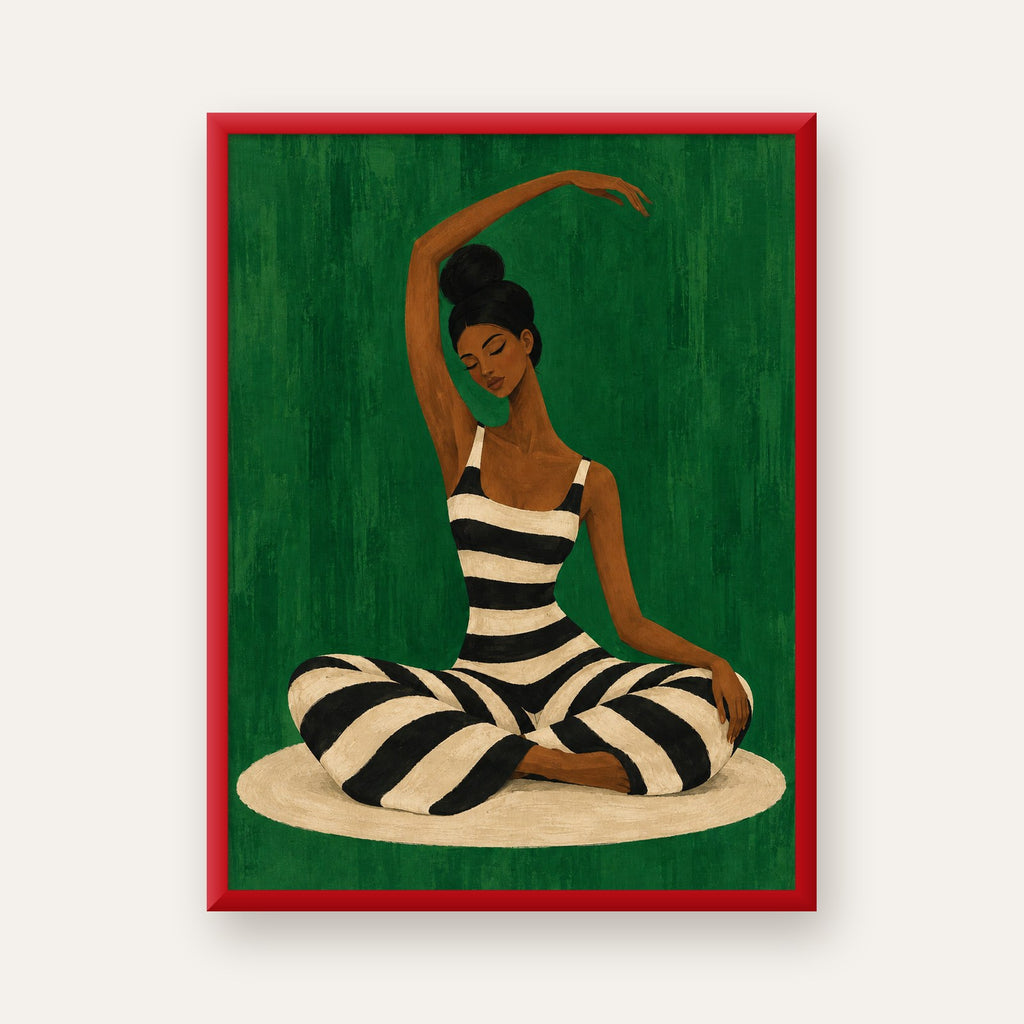 Zümrüt Yeşili Çizgili Yoga Molası Poster — kırmızı çerçeveli