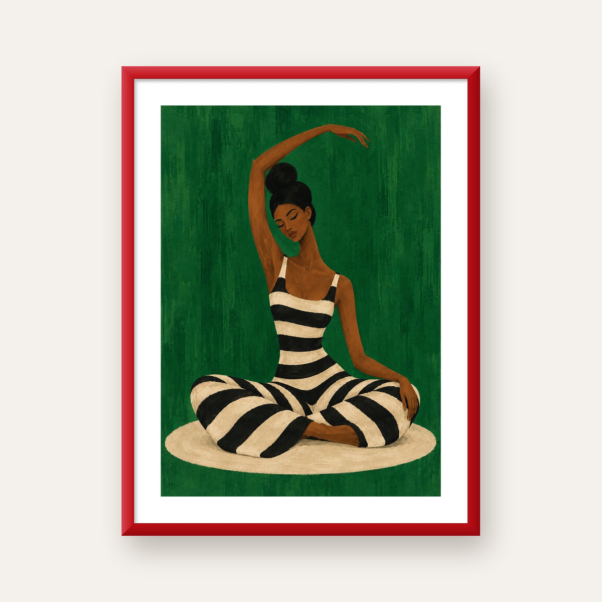 Zümrüt Yeşili Çizgili Yoga Molası Poster — kırmızı çerçeveli paspartulu
