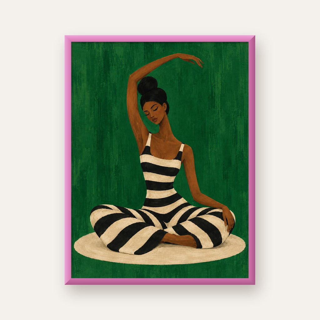 Zümrüt Yeşili Çizgili Yoga Molası Poster — pembe çerçeveli