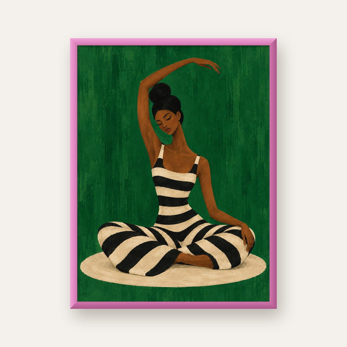 Zümrüt Yeşili Çizgili Yoga Molası Poster — pembe çerçeveli