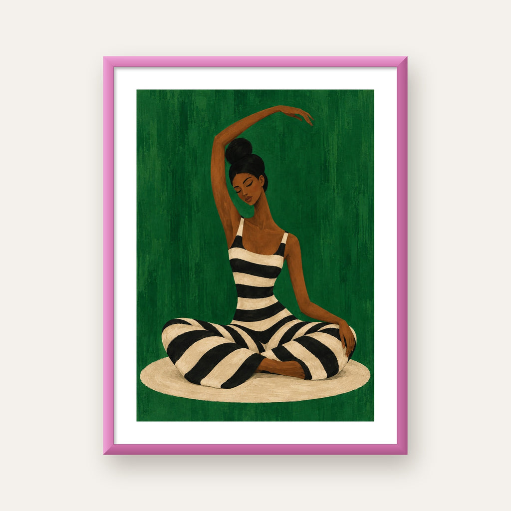 Zümrüt Yeşili Çizgili Yoga Molası Poster — pembe çerçeveli paspartulu