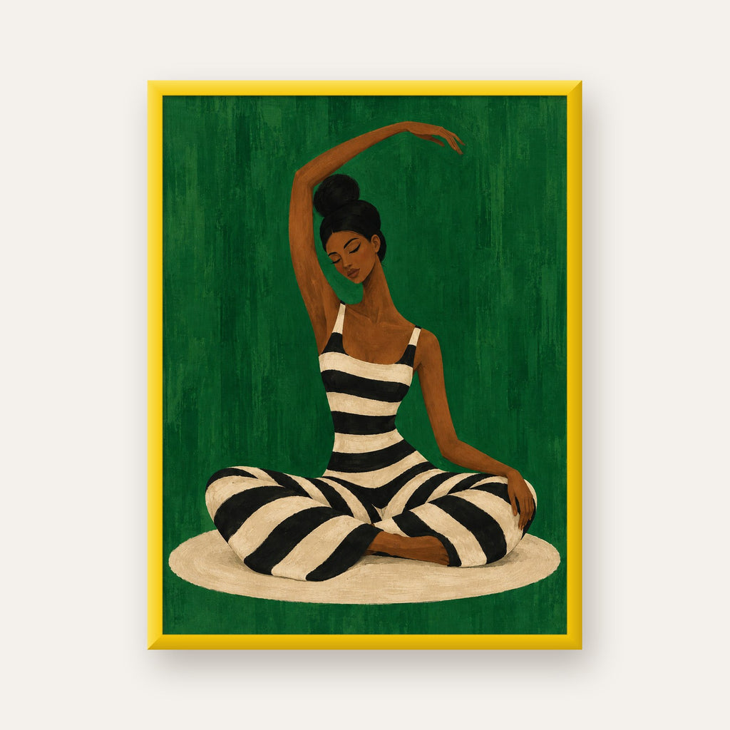 Zümrüt Yeşili Çizgili Yoga Molası Poster — sarı çerçeveli