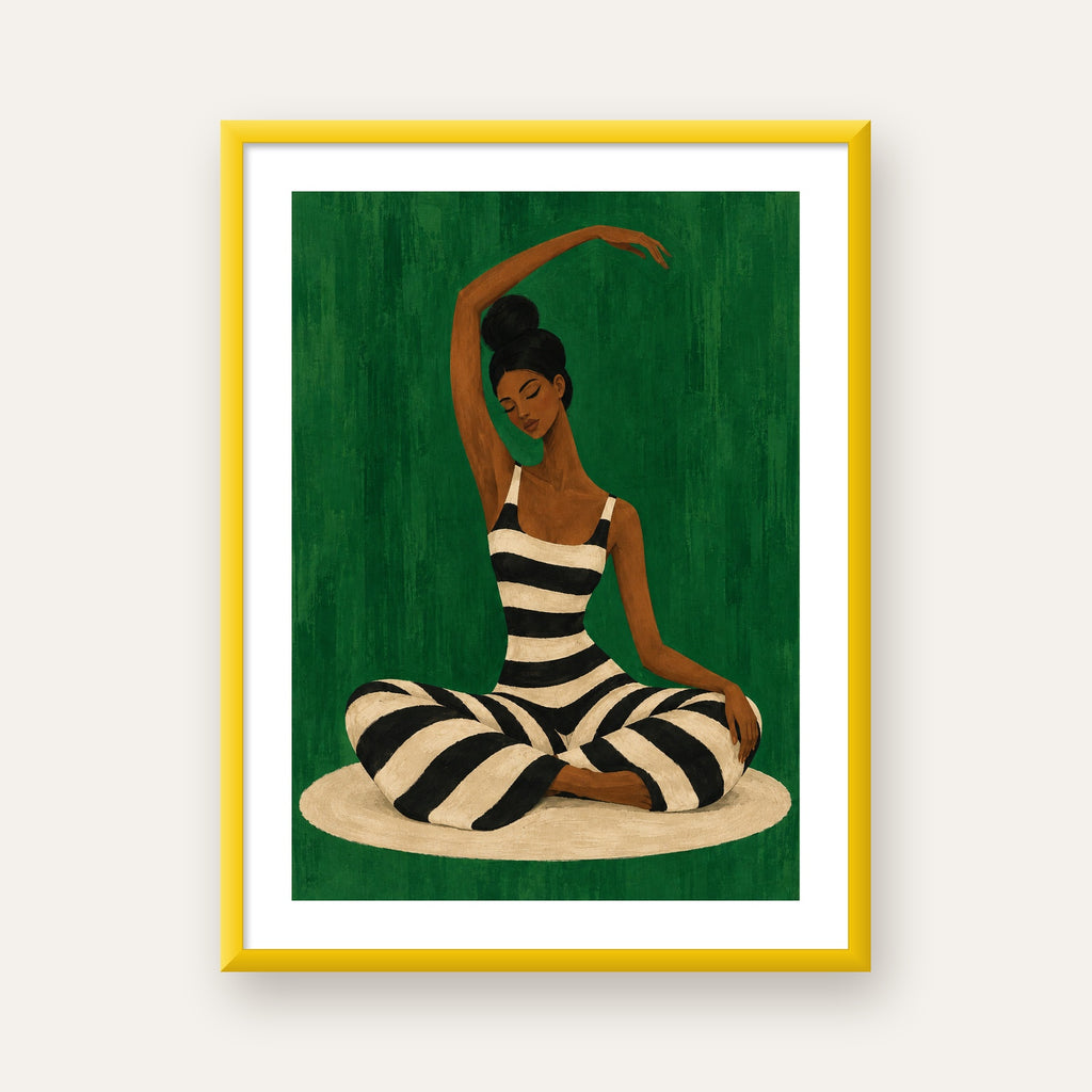 Zümrüt Yeşili Çizgili Yoga Molası Poster — sarı çerçeveli paspartulu