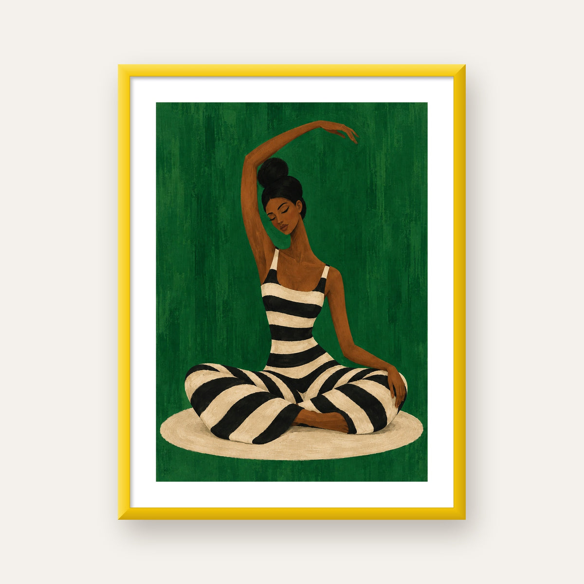 Zümrüt Yeşili Çizgili Yoga Molası Poster — sarı çerçeveli paspartulu