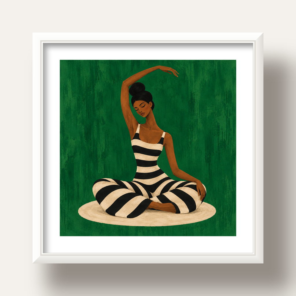 Zümrüt Yeşili Çizgili Yoga Molası Poster — beyaz derin çerçeveli paspartulu