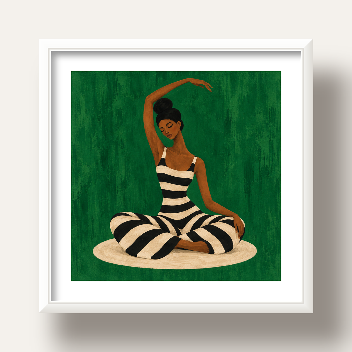 Zümrüt Yeşili Çizgili Yoga Molası Poster — beyaz derin çerçeveli paspartulu