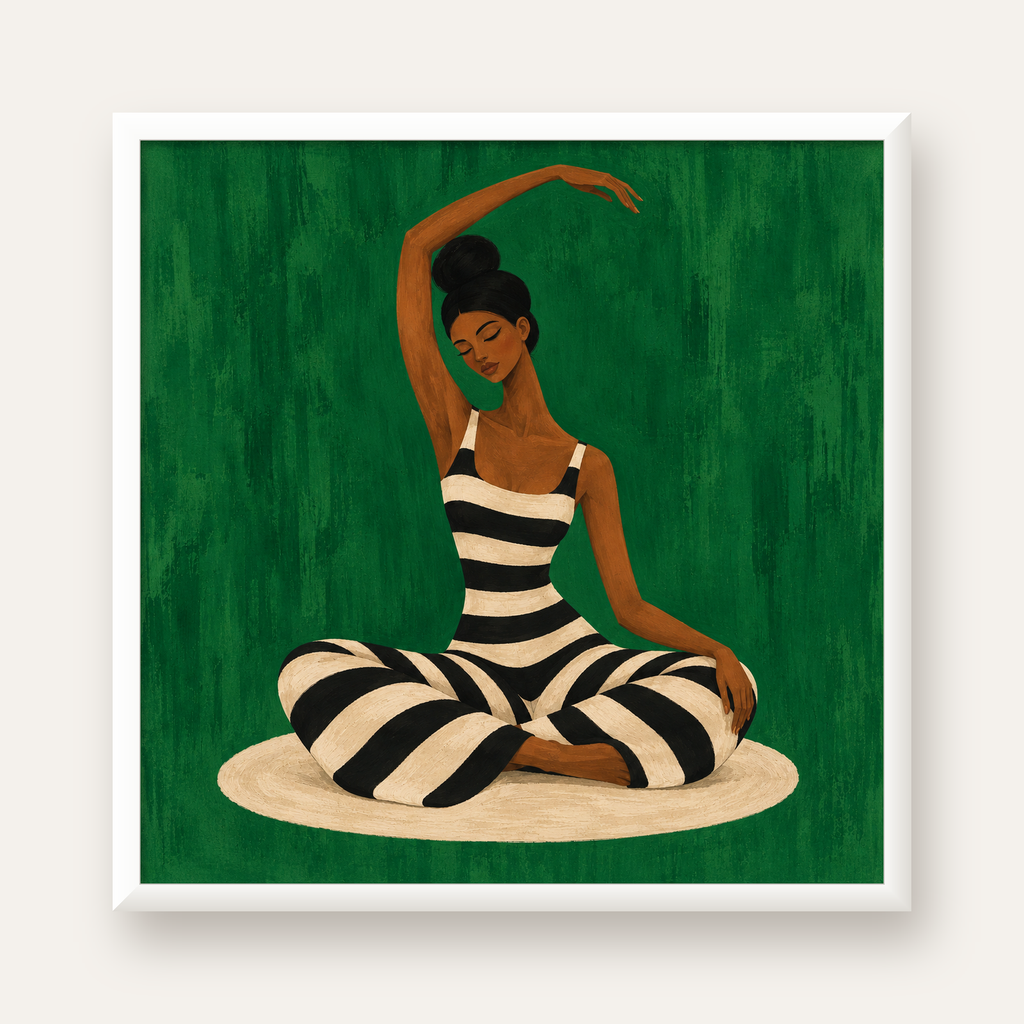 Zümrüt Yeşili Çizgili Yoga Molası Poster — beyaz çerçeveli kare poster