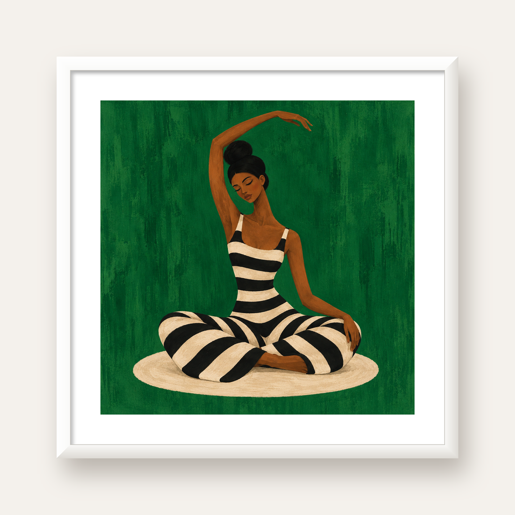 Zümrüt Yeşili Çizgili Yoga Molası Poster — beyaz çerçeveli kare poster