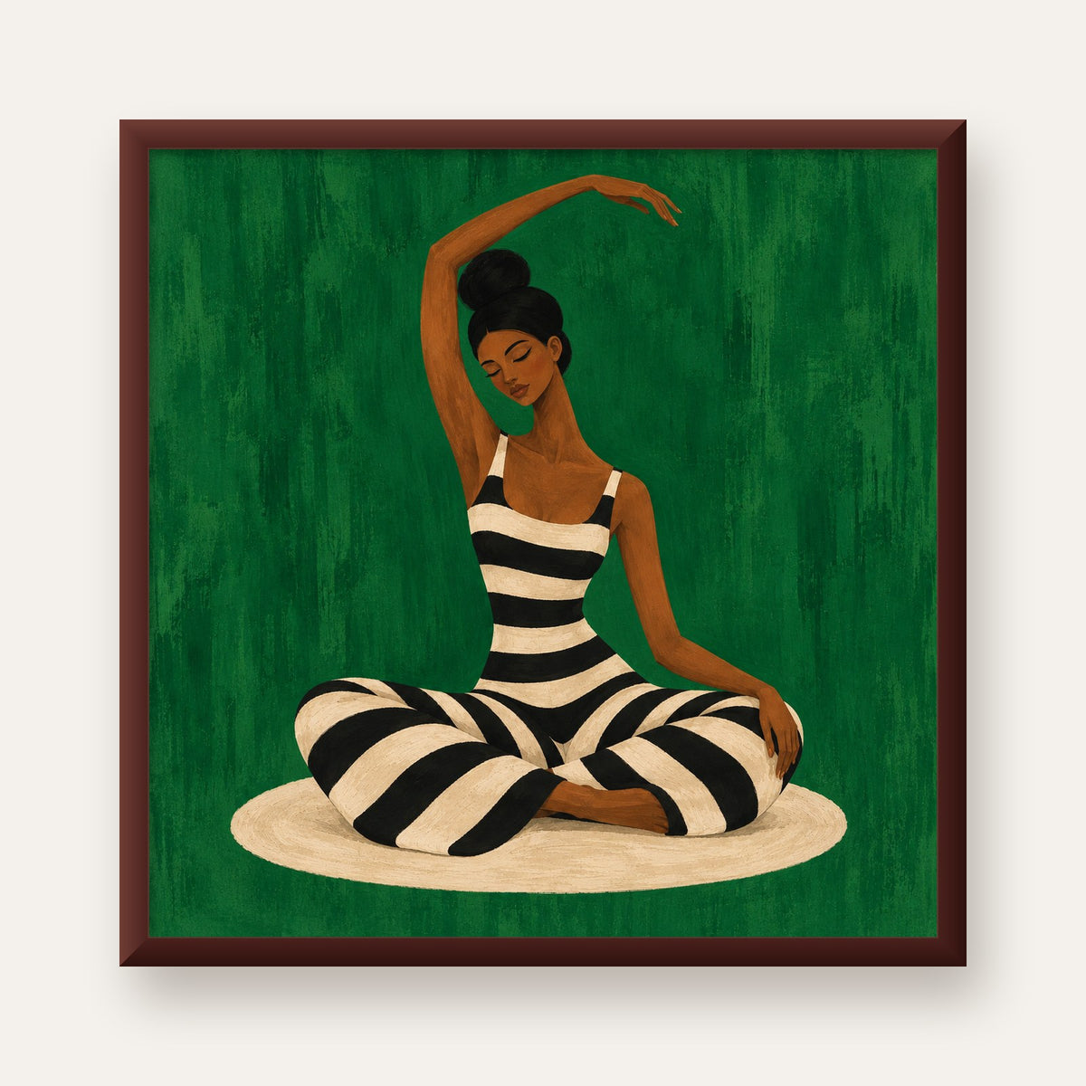 Zümrüt Yeşili Çizgili Yoga Molası Poster — ceviz çerçeveli