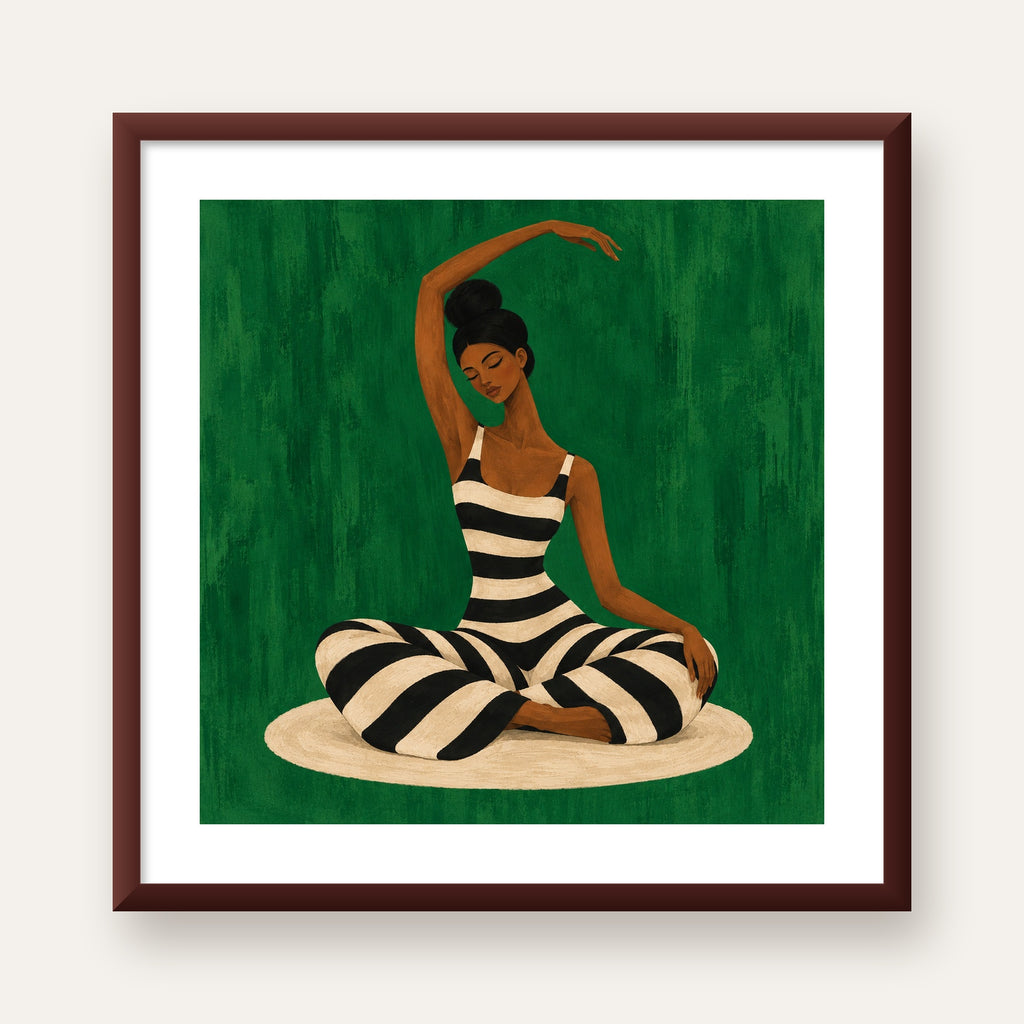 Zümrüt Yeşili Çizgili Yoga Molası Poster — ceviz çerçeveli paspartulu