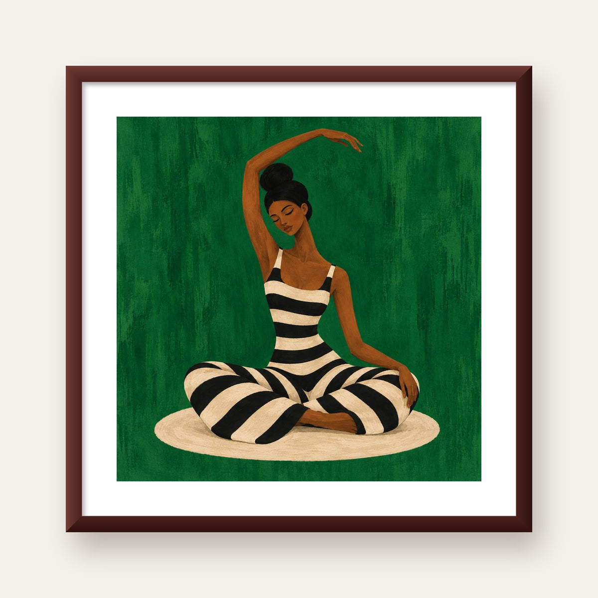 Zümrüt Yeşili Çizgili Yoga Molası Poster — ceviz çerçeveli paspartulu