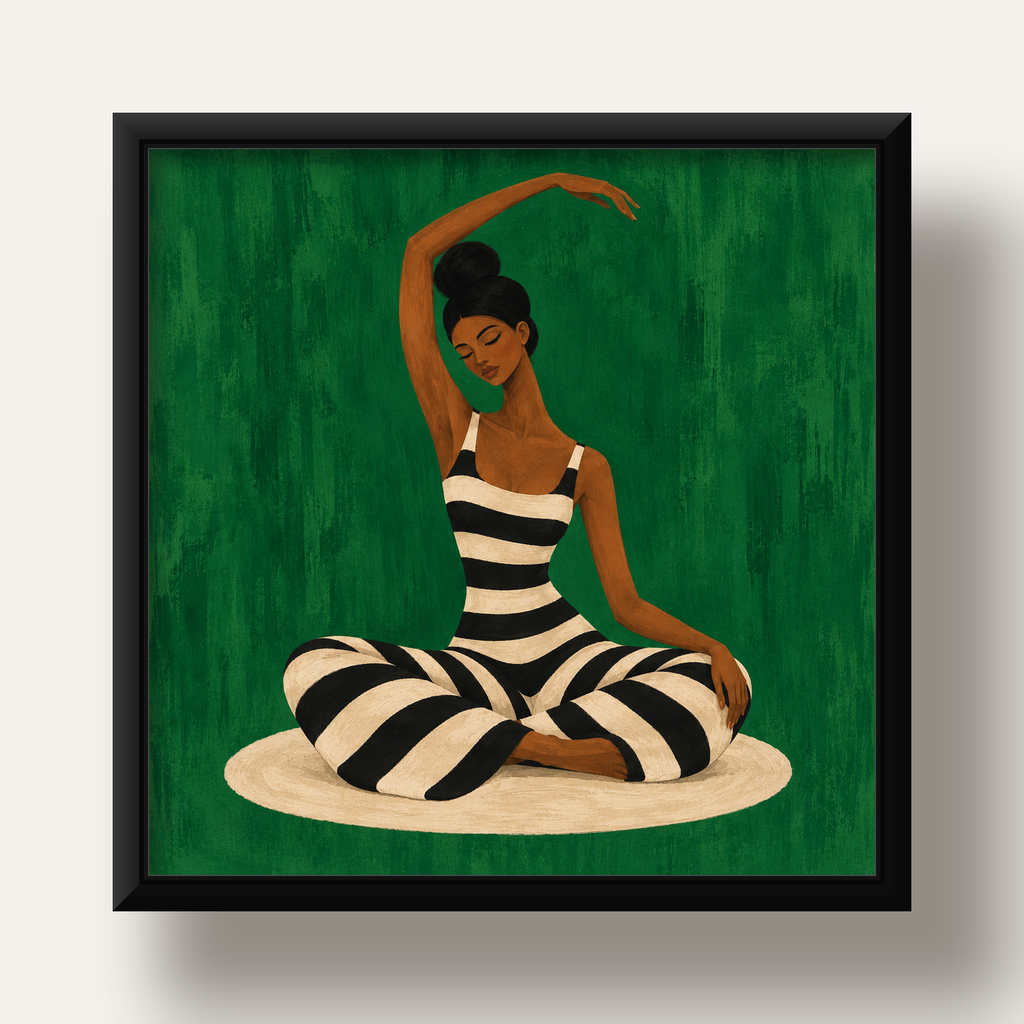 Zümrüt Yeşili Çizgili Yoga Molası Poster — siyah derin çerçeveli