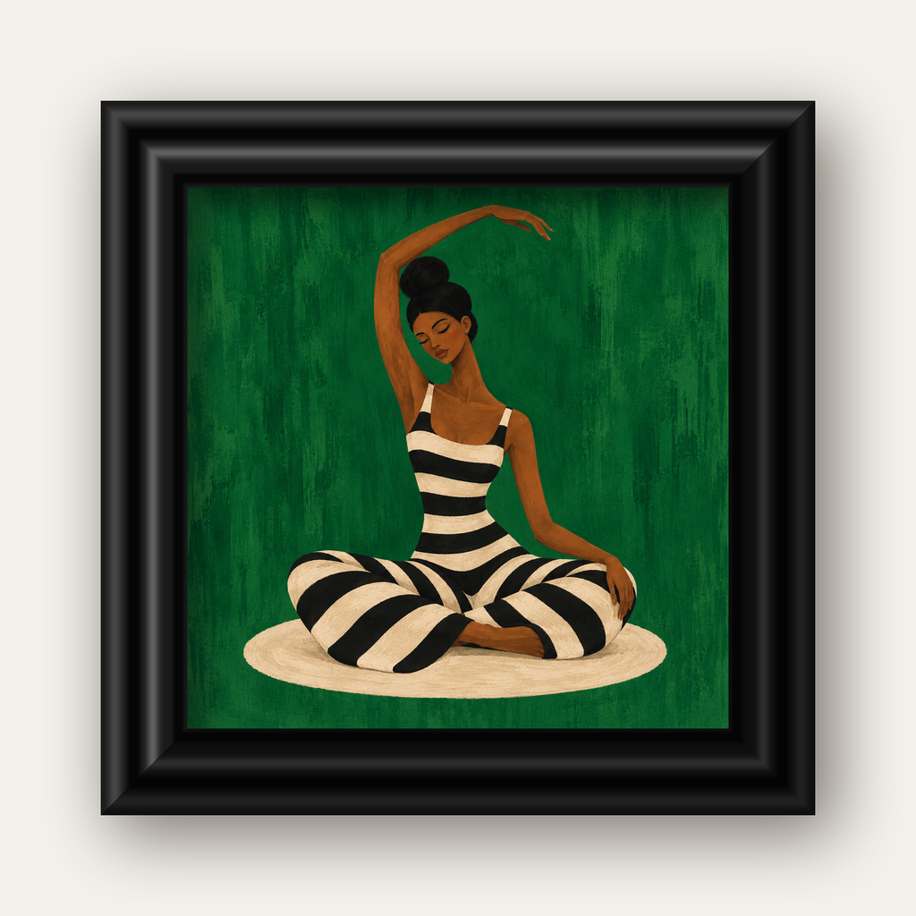 Zümrüt Yeşili Çizgili Yoga Molası Poster — siyah galeri çerçeveli