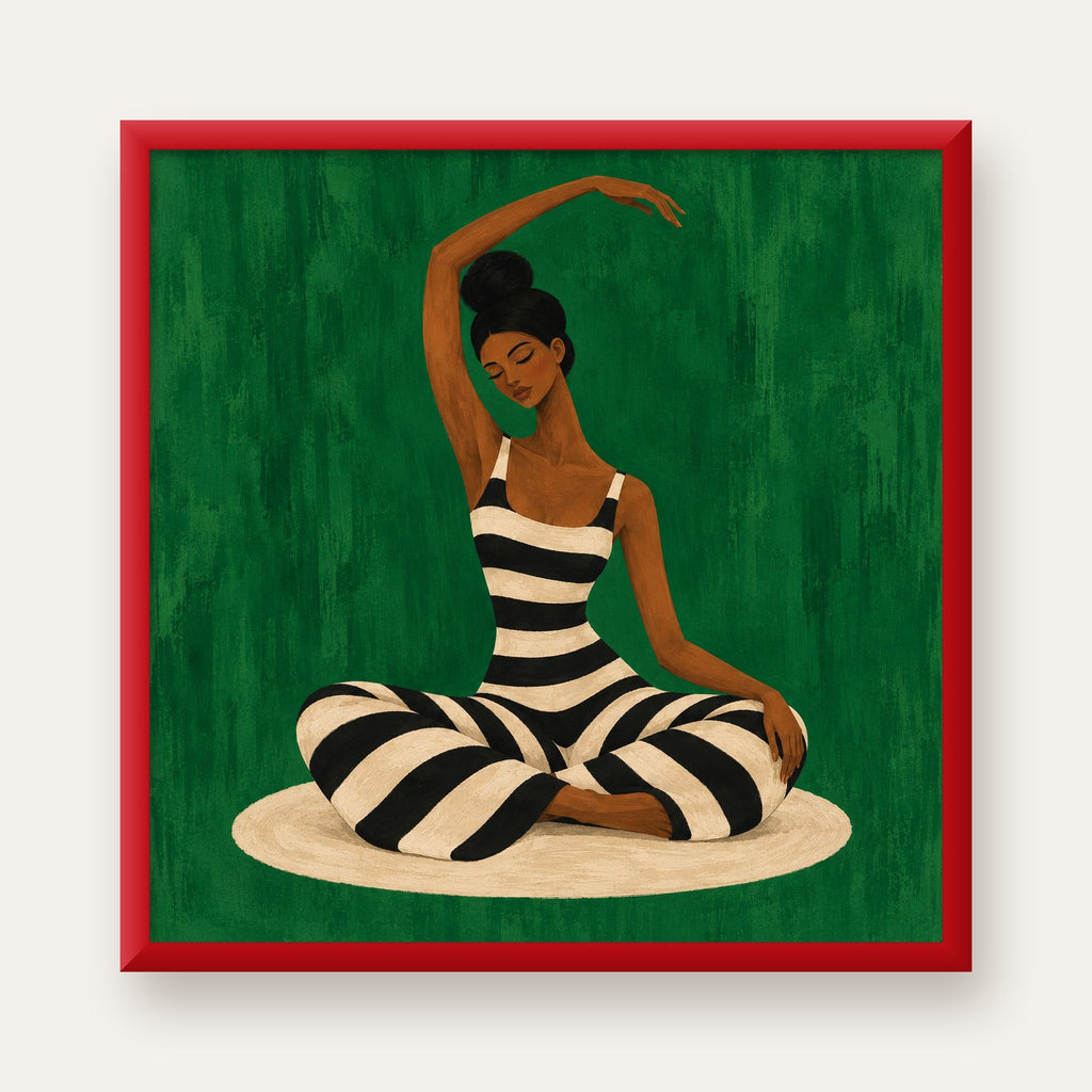 Zümrüt Yeşili Çizgili Yoga Molası Poster — kırmızı çerçeveli