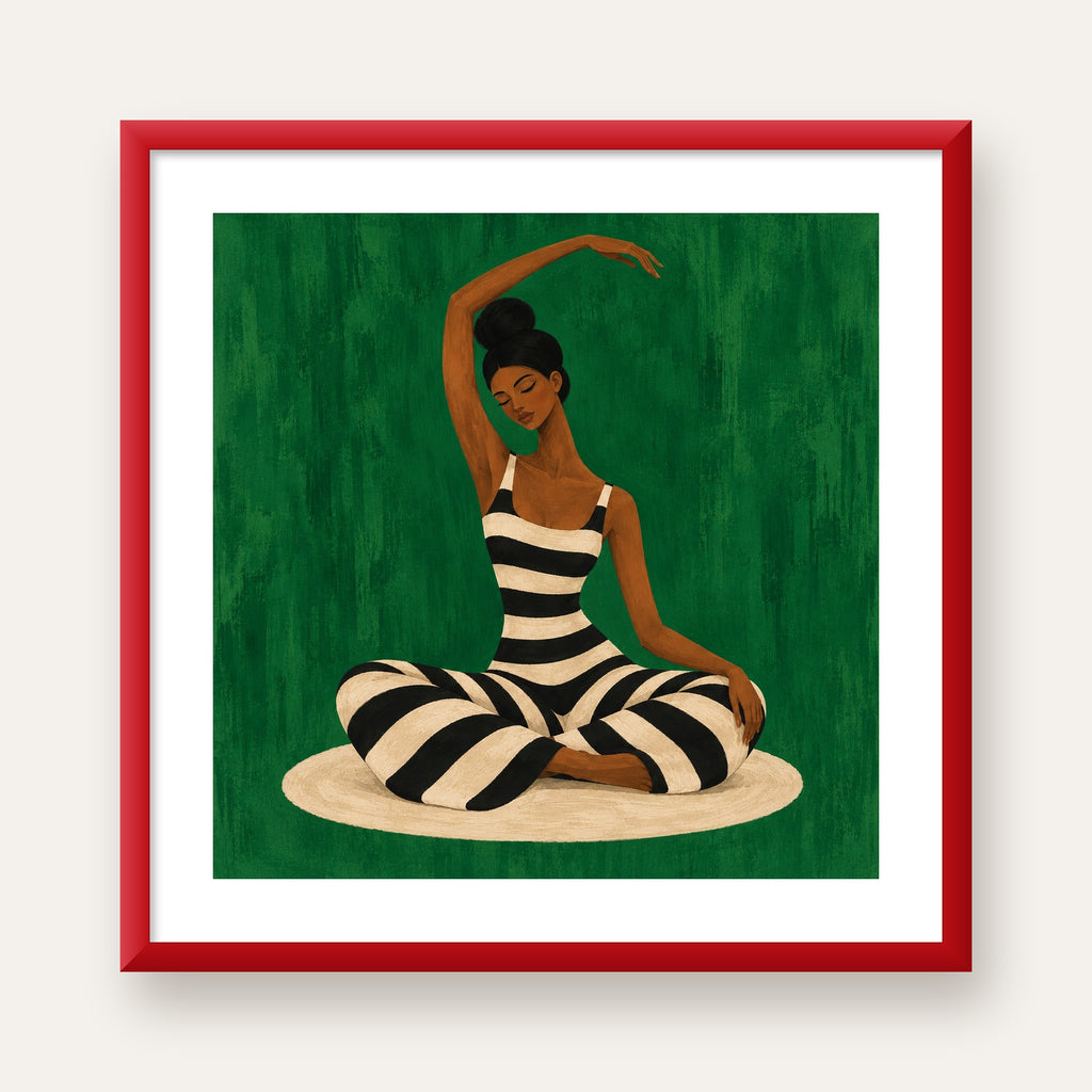 Zümrüt Yeşili Çizgili Yoga Molası Poster — kırmızı çerçeveli paspartulu