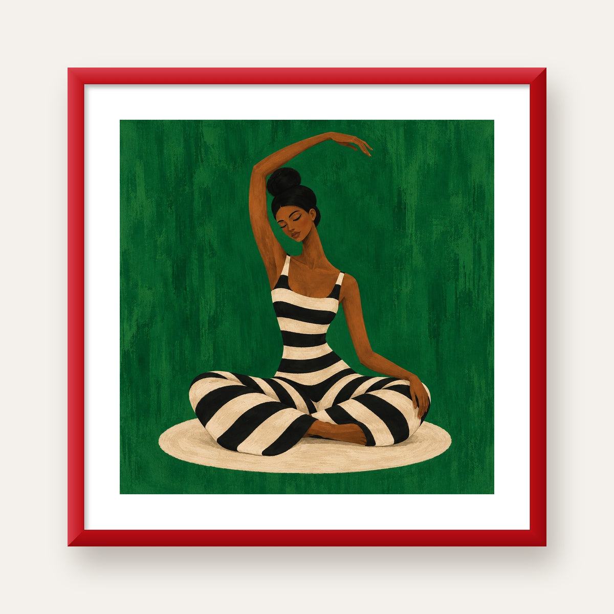 Zümrüt Yeşili Çizgili Yoga Molası Poster — kırmızı çerçeveli paspartulu
