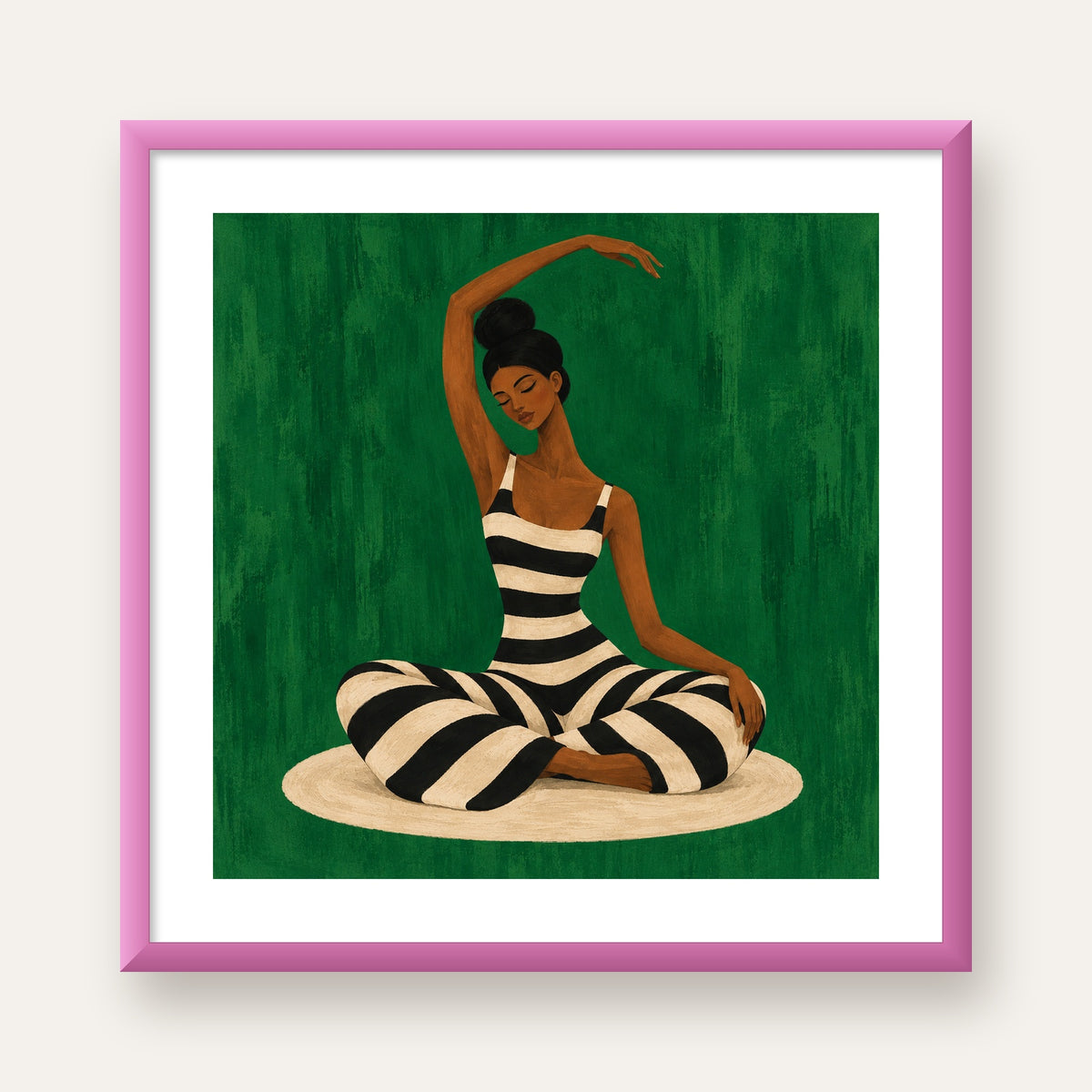 Zümrüt Yeşili Çizgili Yoga Molası Poster — pembe çerçeveli paspartulu