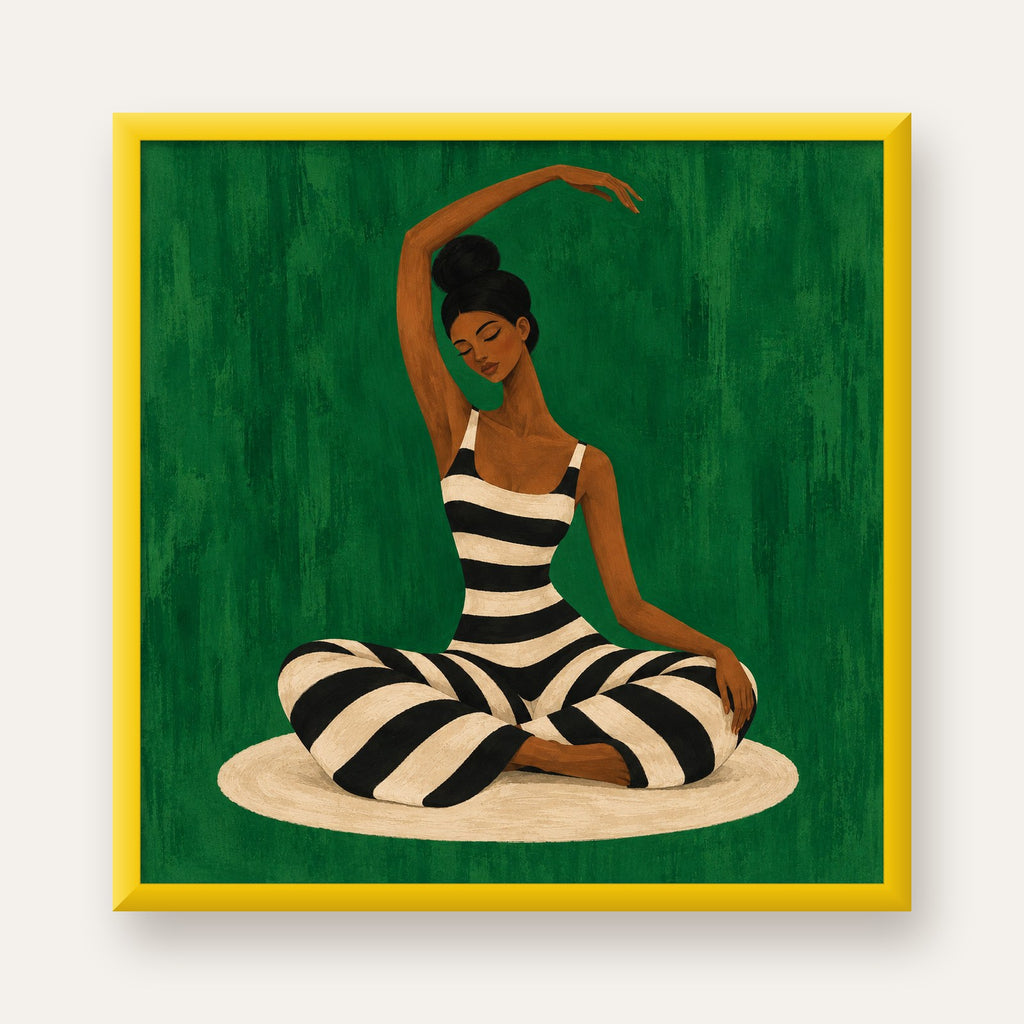 Zümrüt Yeşili Çizgili Yoga Molası Poster — sarı çerçeveli
