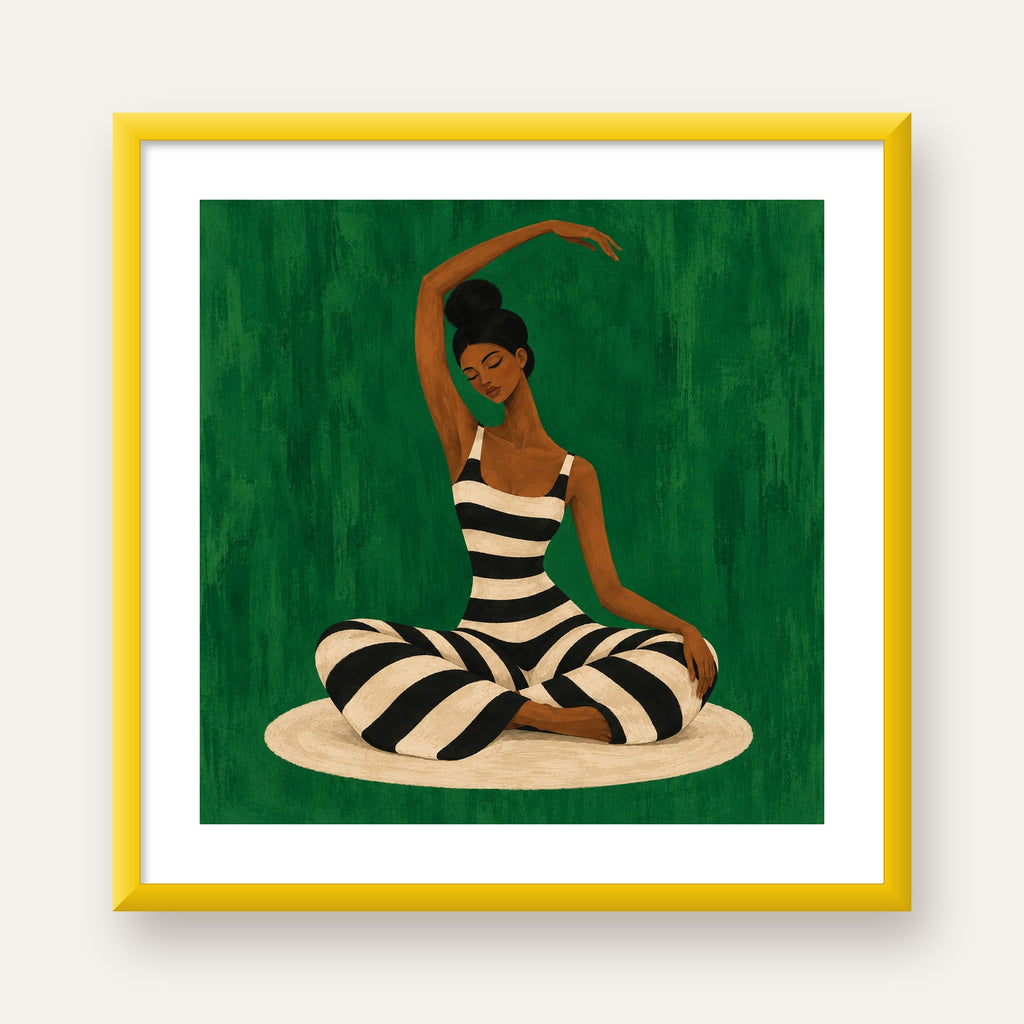 Zümrüt Yeşili Çizgili Yoga Molası Poster — sarı çerçeveli paspartulu