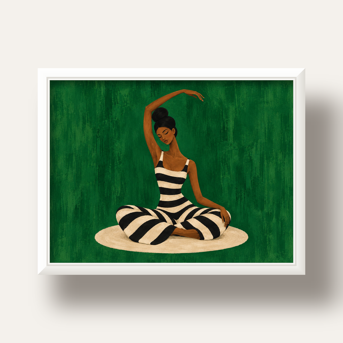 Zümrüt Yeşili Çizgili Yoga Molası Poster — beyaz derin çerçeveli