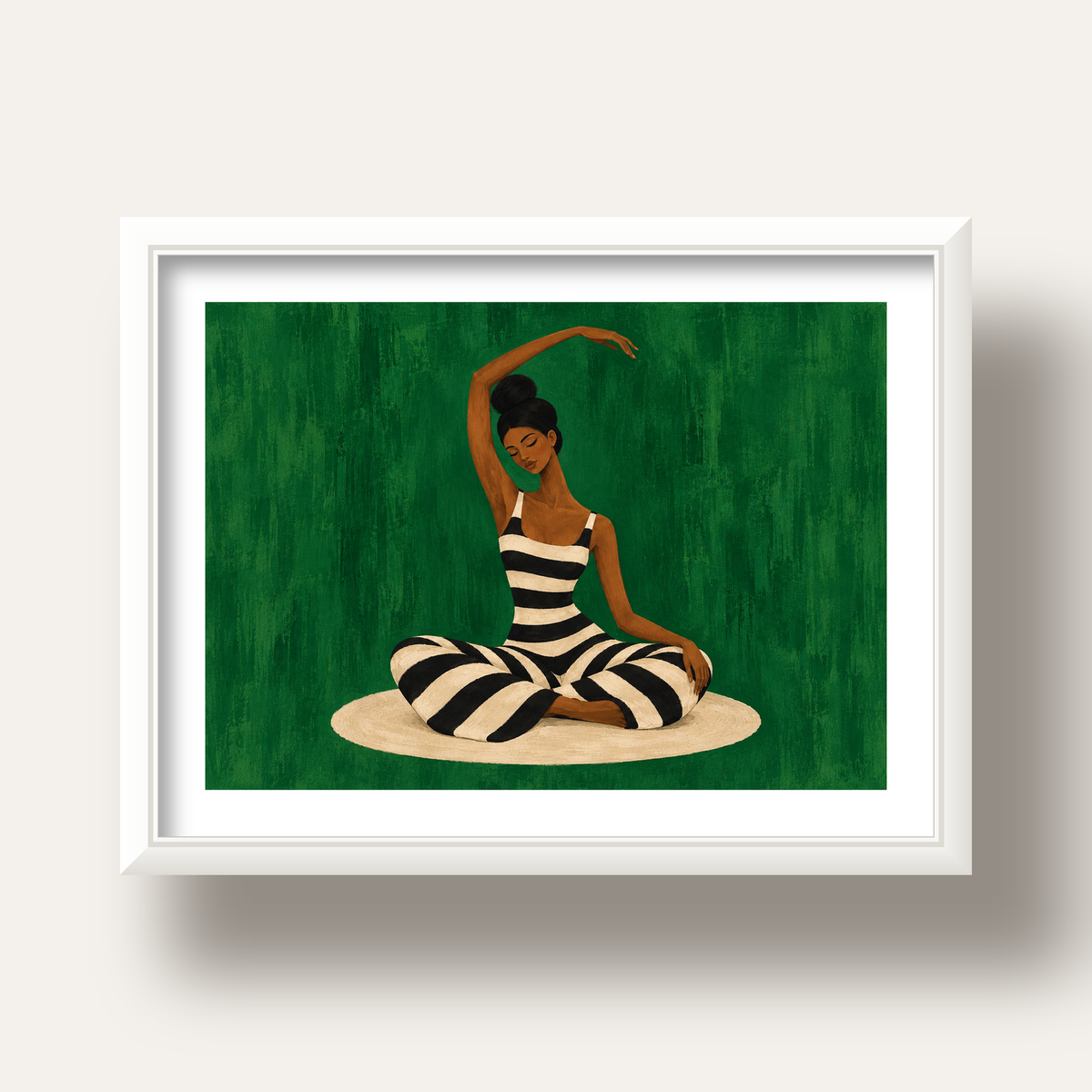 Zümrüt Yeşili Çizgili Yoga Molası Poster — beyaz derin çerçeveli paspartulu