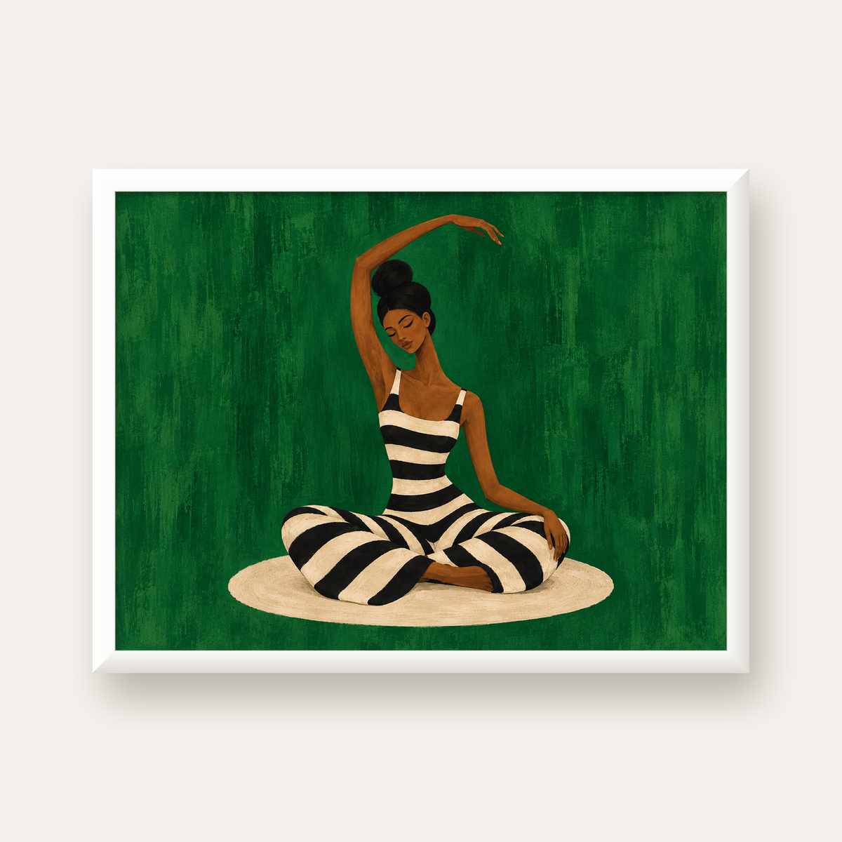 Zümrüt Yeşili Çizgili Yoga Molası Poster — beyaz çerçeveli yatay poster