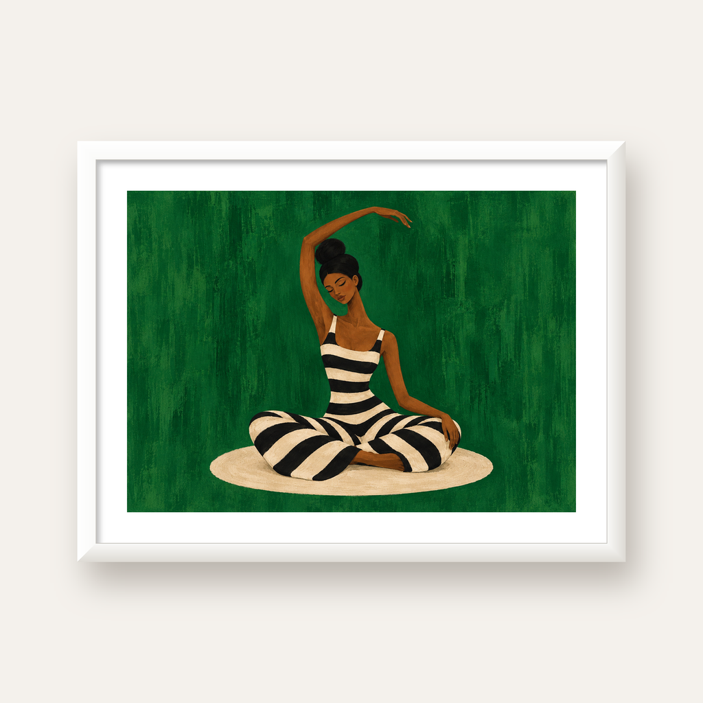 Zümrüt Yeşili Çizgili Yoga Molası Poster — beyaz çerçeveli yatay poster
