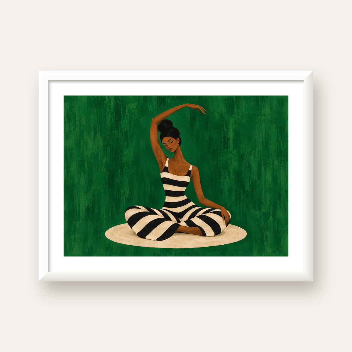 Zümrüt Yeşili Çizgili Yoga Molası Poster — beyaz çerçeveli yatay poster