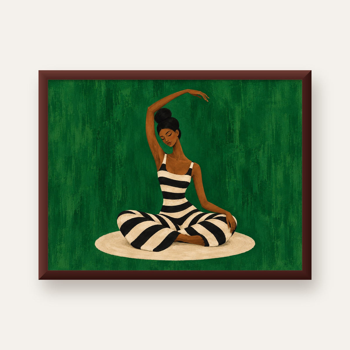 Zümrüt Yeşili Çizgili Yoga Molası Poster — ceviz çerçeveli
