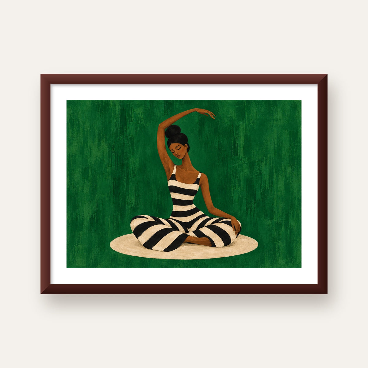 Zümrüt Yeşili Çizgili Yoga Molası Poster — ceviz çerçeveli paspartulu