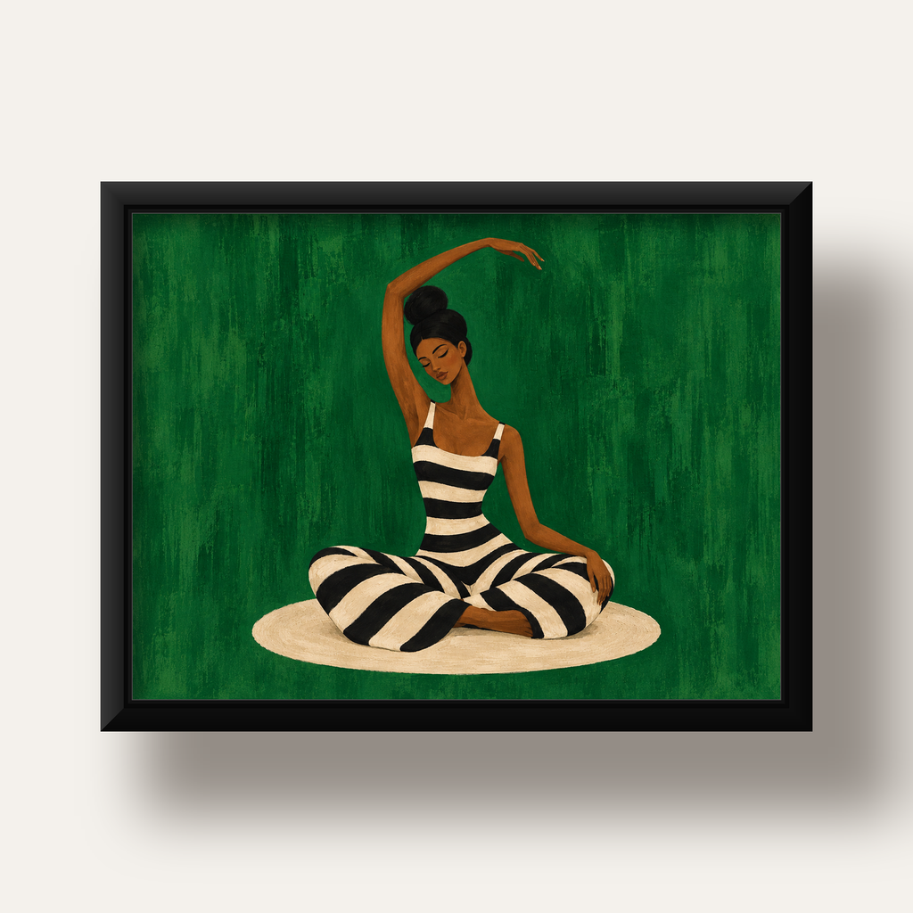 Zümrüt Yeşili Çizgili Yoga Molası Poster — siyah derin çerçeveli