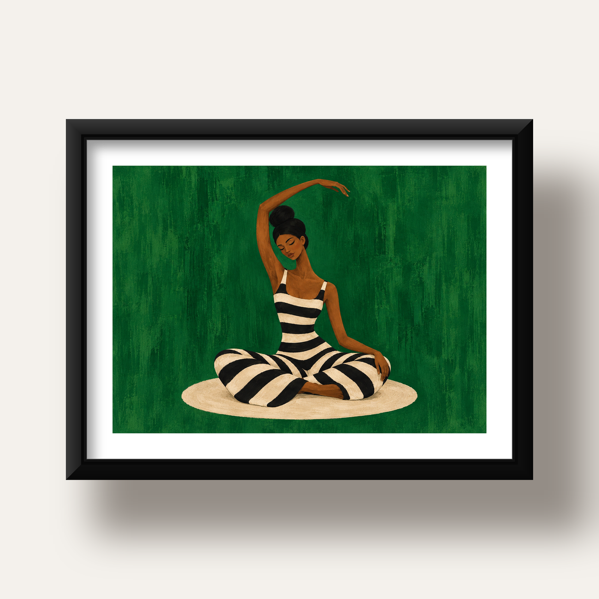 Zümrüt Yeşili Çizgili Yoga Molası Poster — siyah derin çerçeveli paspartulu