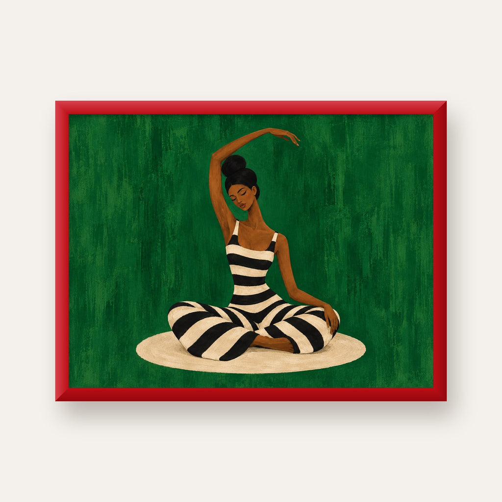 Zümrüt Yeşili Çizgili Yoga Molası Poster — kırmızı çerçeveli