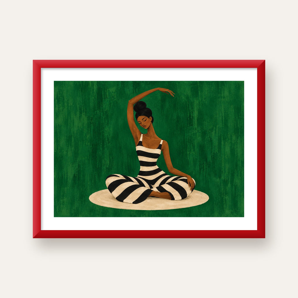 Zümrüt Yeşili Çizgili Yoga Molası Poster — kırmızı çerçeveli paspartulu