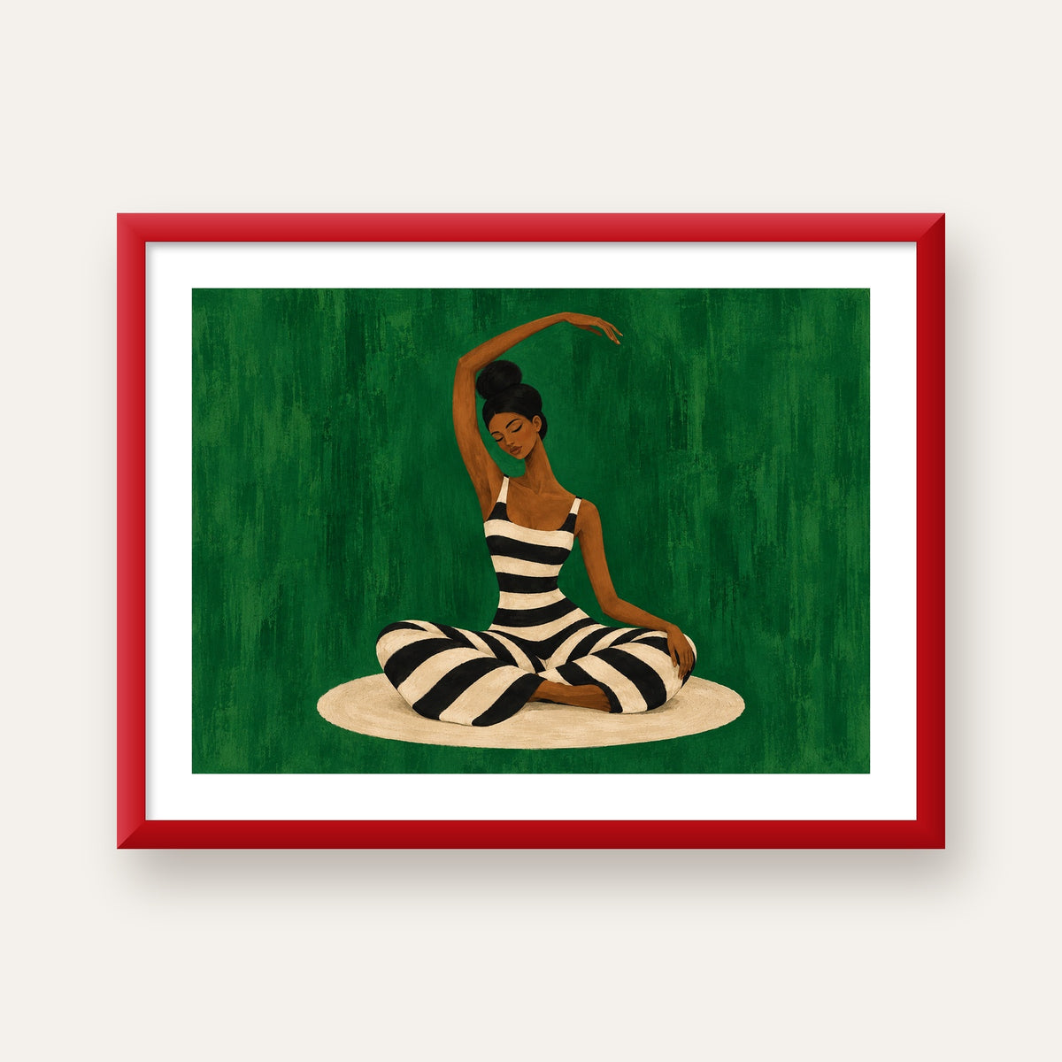 Zümrüt Yeşili Çizgili Yoga Molası Poster — kırmızı çerçeveli paspartulu
