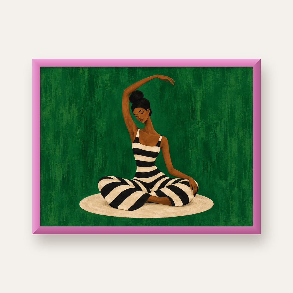Zümrüt Yeşili Çizgili Yoga Molası Poster — pembe çerçeveli