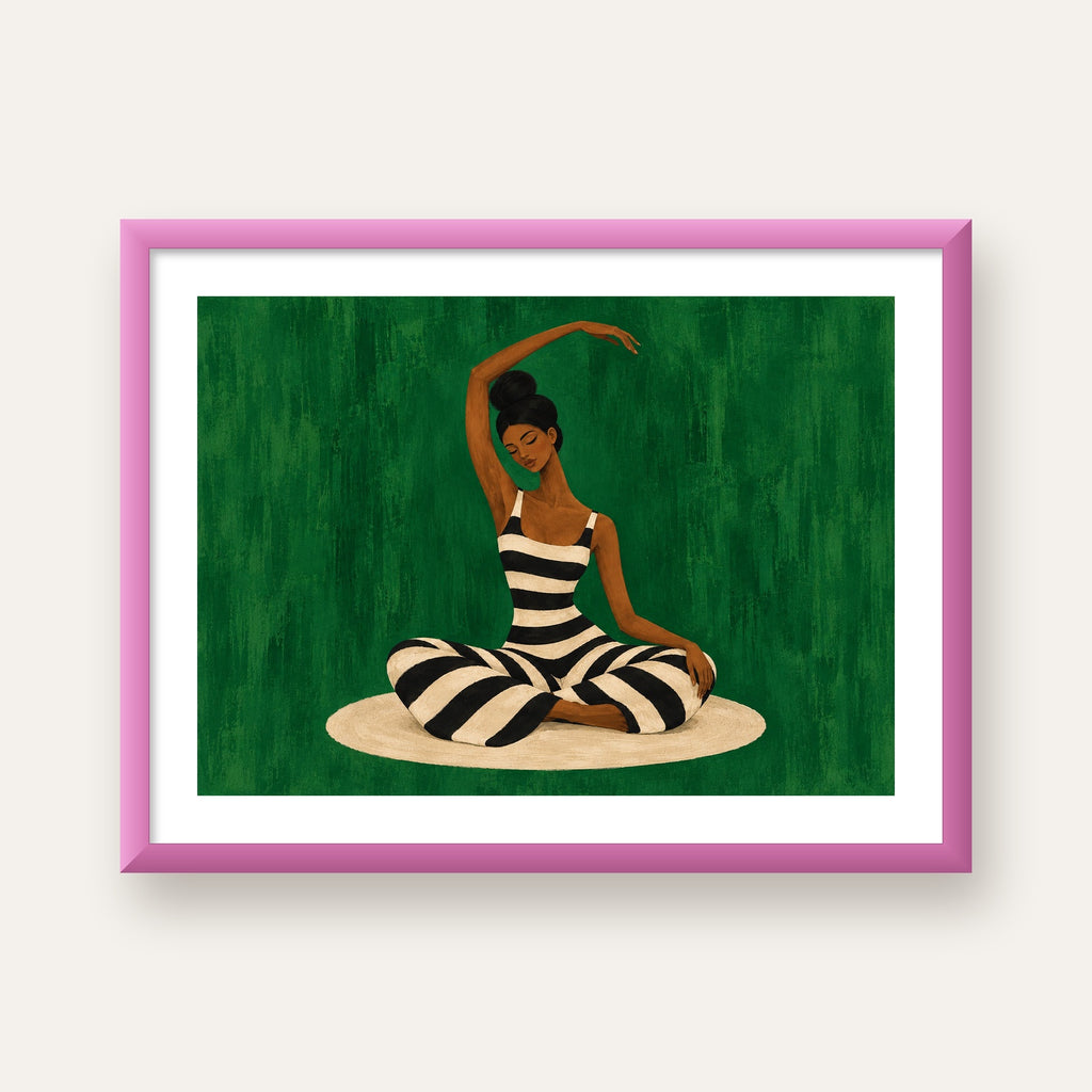 Zümrüt Yeşili Çizgili Yoga Molası Poster — pembe çerçeveli paspartulu