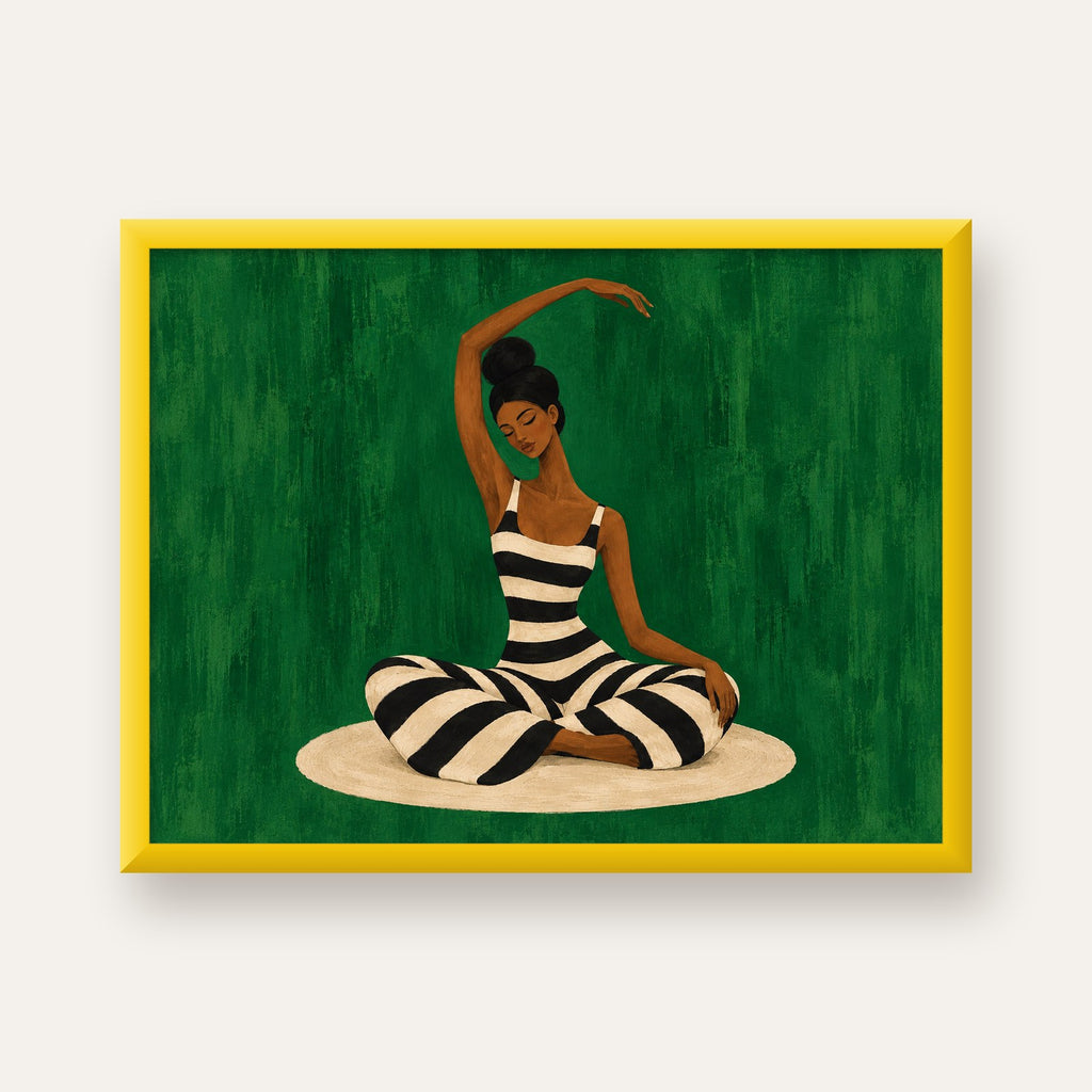 Zümrüt Yeşili Çizgili Yoga Molası Poster — sarı çerçeveli