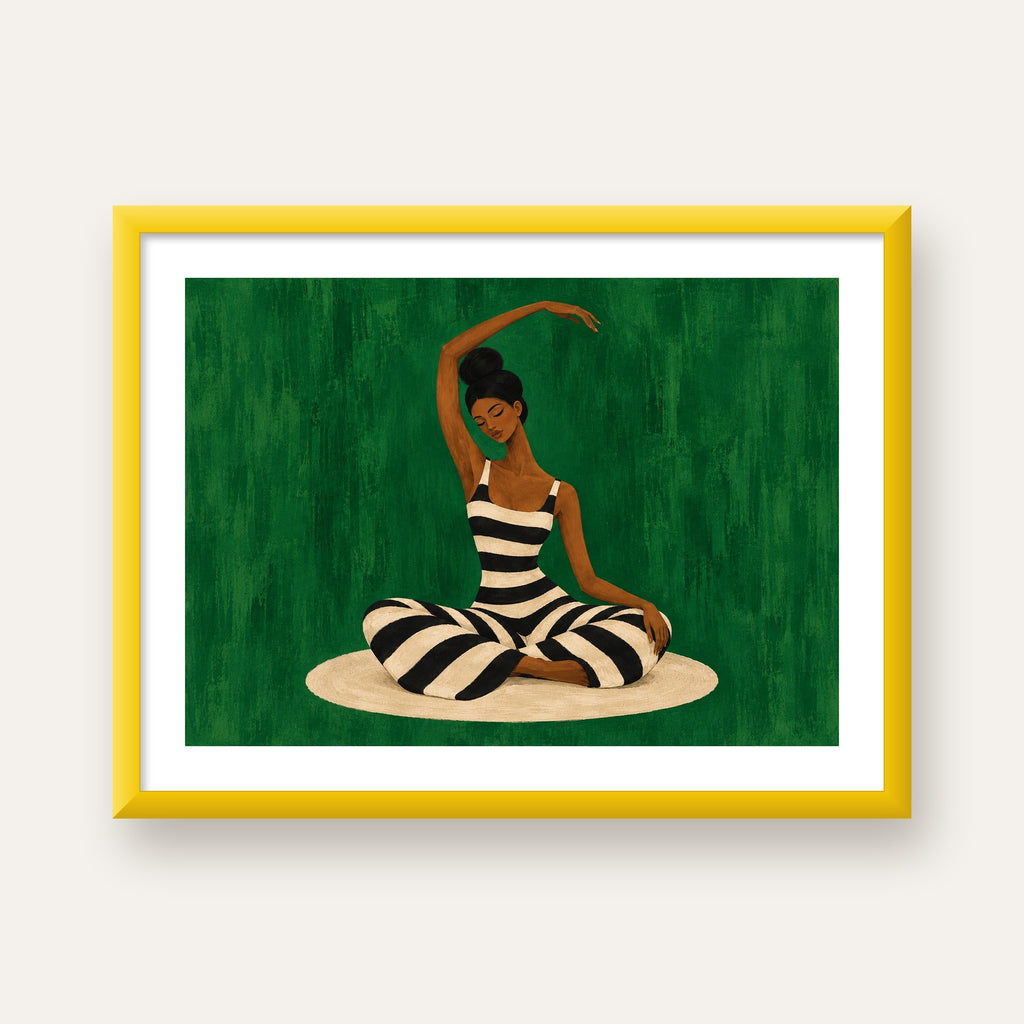 Zümrüt Yeşili Çizgili Yoga Molası Poster — sarı çerçeveli paspartulu